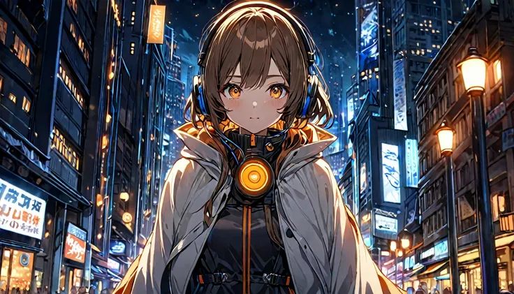 background： Quiet cityscape at night 、 Streetlights shining slightly 。  
expression：少し遠くを見つめながら落ち着いたexpression。  
Costume： Long coat and stole 。  
Pose：Standing on the sidewalk 、 looking at the city 。  
scene：( Brown-haired girl with headphones ), ( A peac...