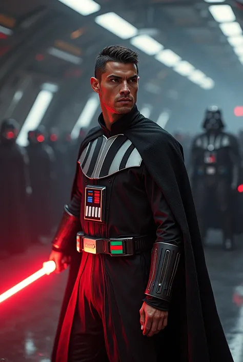 Create a hyper realistic image of christiano ronaldo wearing star war costume , looking angry with sharp eye with lazer weapon as luke Skywalker getting ready to fight with darth Vader. The scene should capture fine detail of both ronaldo and Darth Vader. ...