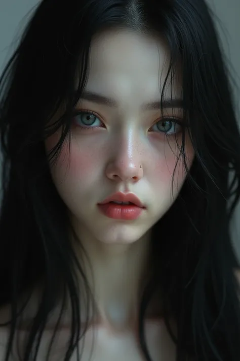 Girl long black hair,  deep gray eyes and sad ,  straight and sharp nose , round chin,  full lips and very white ,  that looks like a model and is very realistic, that looks like a human  