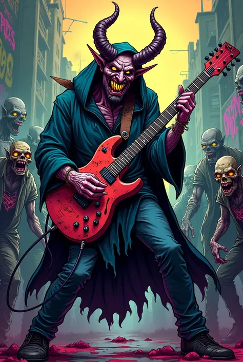 Demon holding a guitar with zombies around rock n roll handmade cartoon cartoon 