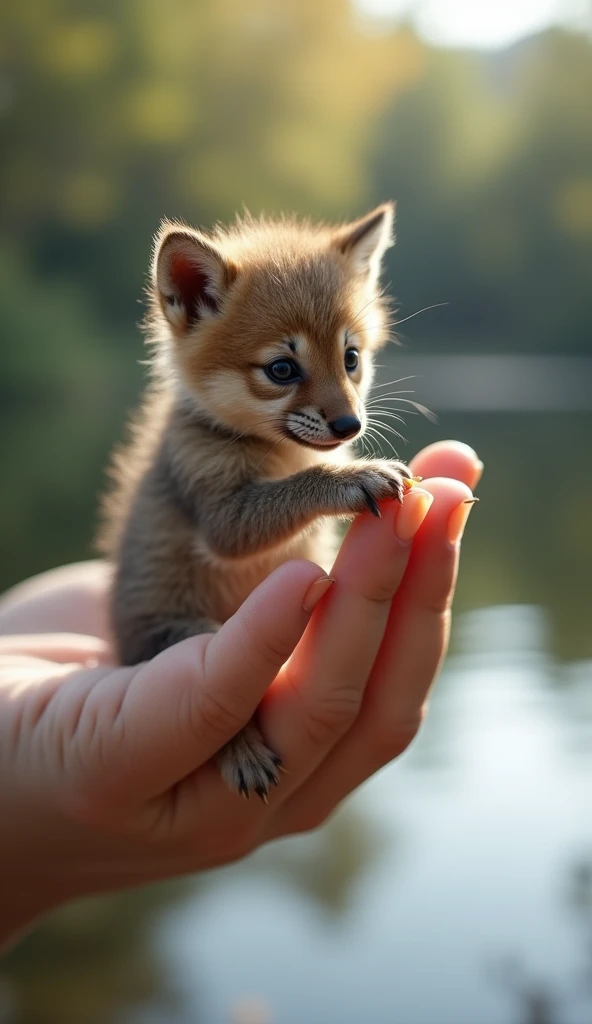 Lobo Filhote: "A super realistic image of a tiny wolf cub perched on a human fingertip, chewing on a small piece of fruit. The lake in the background is calm, with trees reflected in the water. The cub’s fluffy fur and focused gaze add depth to the peacefu...