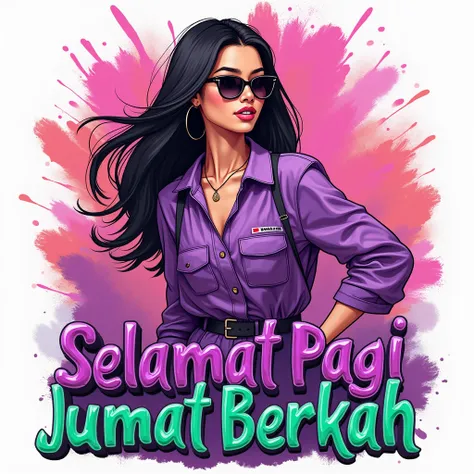 illustration of a beautiful Indonesian young woman, wearing a overall purple, wearing sunglasses, striking a charming pose, with a striking colorful background. The large text at the bottom of the image reads the name "SELAMAT PAGI JUMAT BERKAH" spelled co...