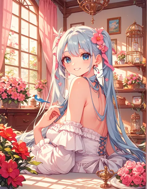  Light Blue Long Hair 、 Beautiful Girl with Twin Tails 、Im looking at the beautiful little bird in the big bird cage with a smile、A bright, sunny room、 There are lots of beautiful flowers in the room