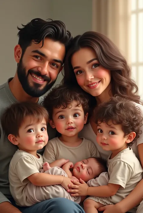 Realistic image 

A family with: a dad (brunette, black hair and beard, amber eyes) a mom (white, curly/wave dark brown hair, brown eyes) a 32 months old boy(white, black straight hair, brown eyes) twins boys with 18 months old (brunette, curly/wave dark b...