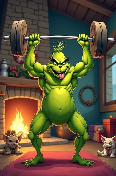 Drawing of the Grinch lifting weights