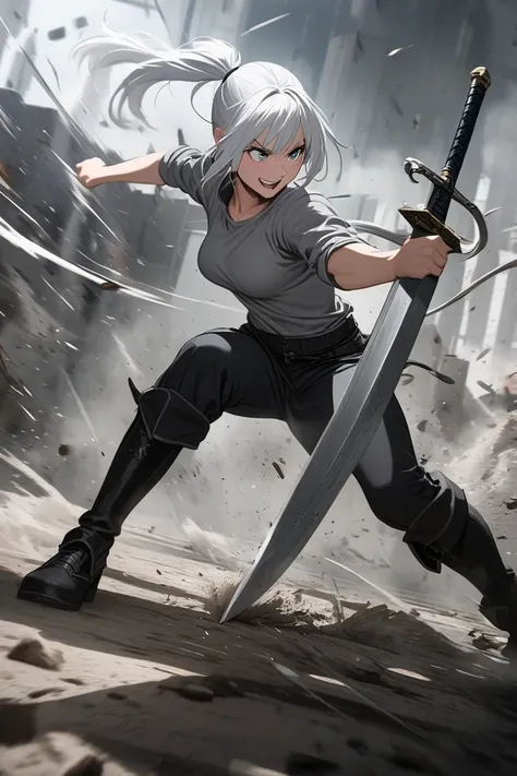 Fight, epic fight scene, sword, girl, smile, white hair, long ponytail, pale, black pants, grey shirt, big sword, high black boots