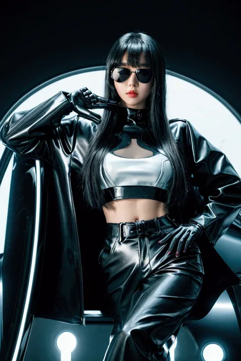 Young beautiful Korean girl with with long black hair with a bang, wearing black chrome plastic futuristic revealing crop top and pants, black plastic gloves, black futuristic sunglasses, white fur coat, driving a chrome futuristic motorcycle, futuristic b...