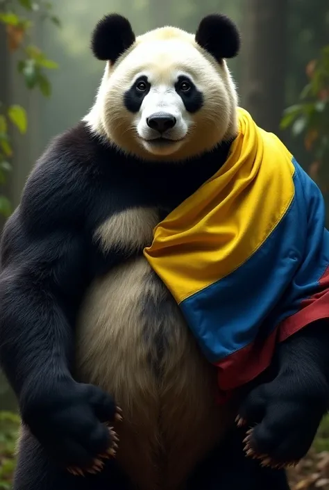 An image of a muscular panda with the flag of the country of Colombia 