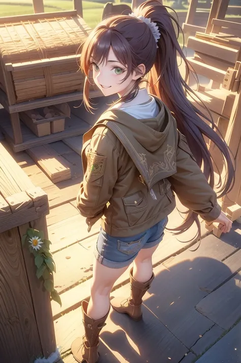 (extremely detailed CG unity 4k wallpaper),(masterpiece),(best quality),(ultra-detailed),(best illustration),(best shadow),(absurdres),(detailed background), Red long hair (Ponytail), green eyes, Daisy dukes, Smiling, Boots, Farm,