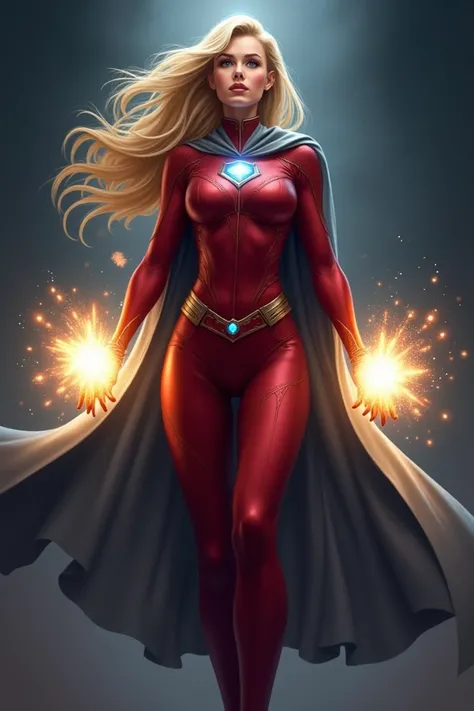 Make a blond woman in a burgundy red costume with small blue details on her costume ,a gray cape , who has a flash of light in her two hands and who has a gem on her head