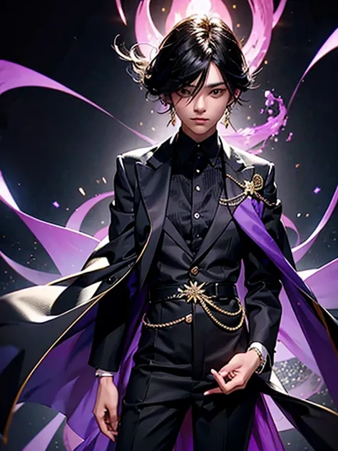 (male teenager), 1garoto, WITH MEDIUM BLACK HAIR , violet eyes,  WEARING A DARK BLUE SUIT WITH BLACK AND GOLD DETAILS,  black shoes ,  WITH STRANDS OF PURPLE ENERGY COMING OUT OF HER FINGERS (neutral background)