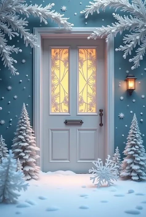 Christmas door decorated with paper Christmas figures that give the feeling of cold in silver