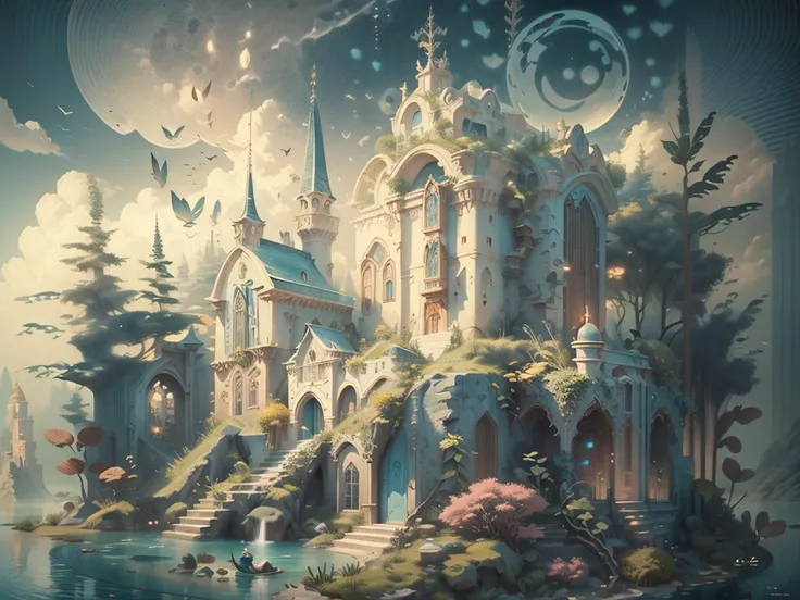 A close-up of a floating castle、There is plenty of water, an underwater city, Undersea Temple,Aquatic monastery, Submerged temple landscape, aquatic environment, Underwater temple, the The Lost City of Atlantis, The Lost City of Atlantis, marine environmen...