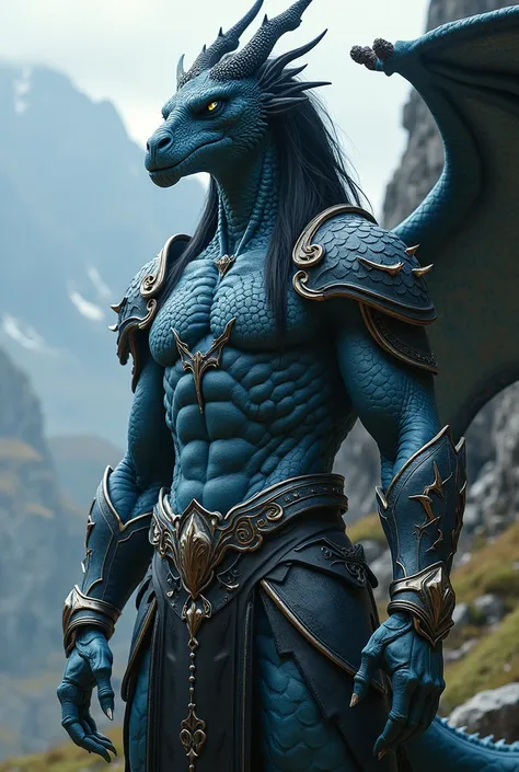 A male dragon character with blue eyes medium black hair and human-shaped armor