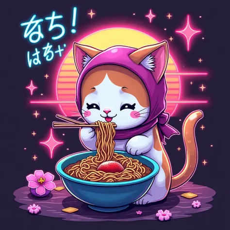 An illustration of a cute cat with a neon effect, sitting and eating ramen noodles from a bowl with chopsticks. The cat has a headscarf. The background includes Japanese text and neon elements, such as stars and a sunset. Additional elements could be added...