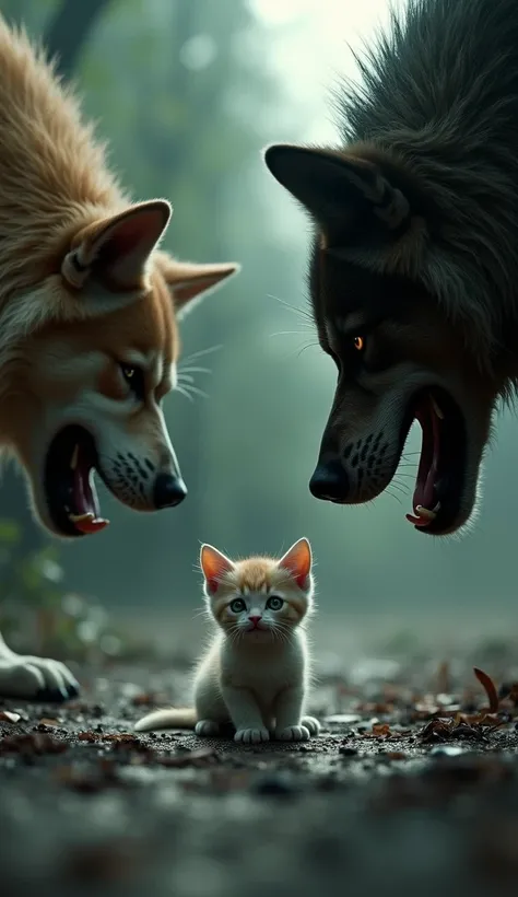 A character , of a kitten, green-eyed,  surrounded by big, angry dogs,  while he looks sad , scared and hungry .