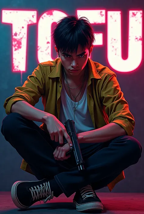 
18 years old boy gangster sitting holding a gun and wearing black and yellow shirt named tofu with neon white font