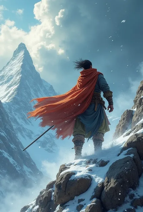 The weather on the mountain changes suddenly, with strong winds howling and clouds swirling. Kiran is shown bracing against the fierce elements, his cloak flapping violently in the wind. The rugged terrain is now harsh and unforgiving, with rocks and snow ...