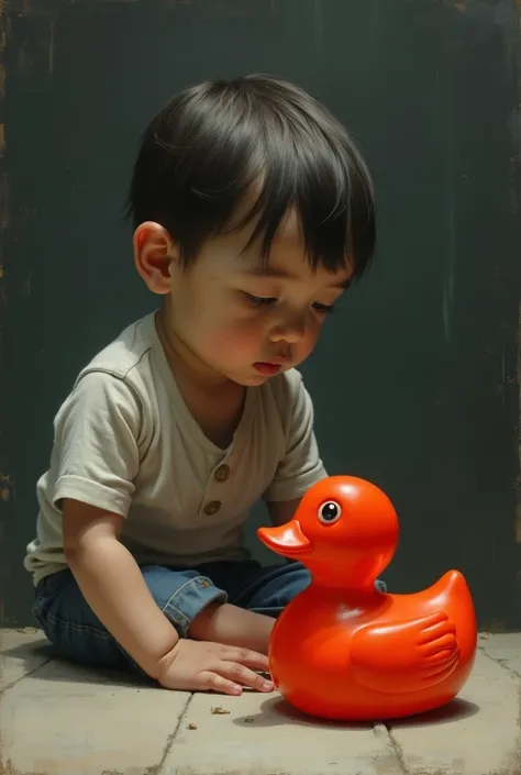 Melancholic boy playing with red duck Balthus style