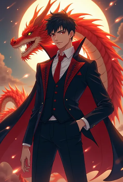 prince of king dragon white great young human japan anime version wear mafia suite two block hair colour black behide have smart white elegant king of dragon animal version stand