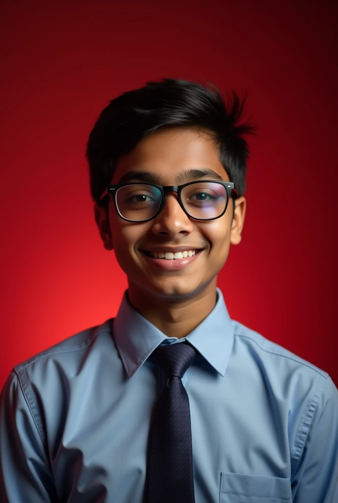 16YEAR OLD INDIAN BOY WEARING FORMALS AND GLASSES POSING FOR LINKEDIN RED soft LIGHT IN BACKGROUND