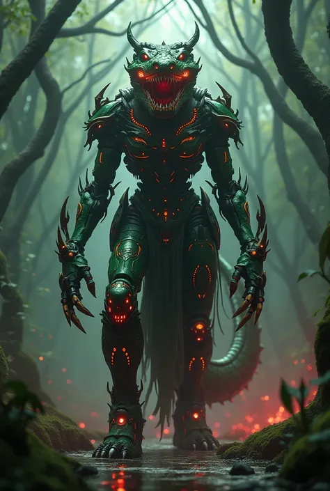 In the heart of the swamp, a dark ritual begins. Cuca extends her hands over the mechanical alligator, and a pulsing, dark energy envelops them both. The mechanical alligator opens its mouth, revealing sharp metal teeth and a fierce red glow in its eyes, a...