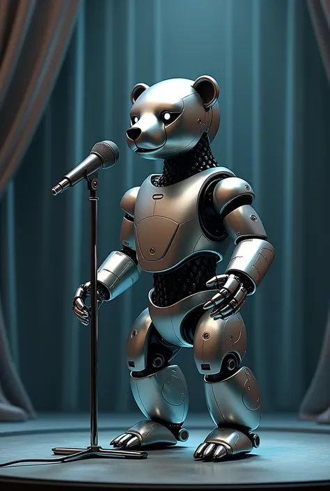 A robot bear with microphone ,  on a stage in front of him.