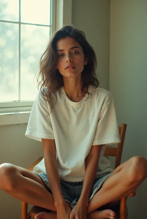 analog photo of a beautiful Brazilian girl,  László Moholy-Nagy, laura makabresku, tyler shields, modern style, oversized white crew neckline short-sleeve T-shirt, sitting cross-legged on a chair by the window, Taken from a front angle.