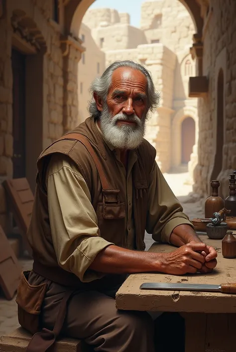 " A humble man named Eliab ,  a carpenter with a kind face and working hands , in an ancient city of Bethel .  He is surrounded by carpentry tools and is known for his honesty and love for God.  The scene reflects peace and humility ."