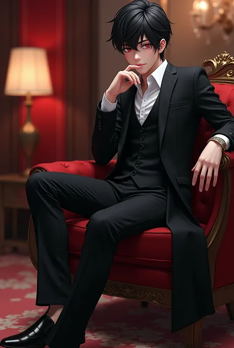 Handsome boy in full attitude 
Balck upper, white shirt black bottom,, black shoe, black hair , in rich place red eye 