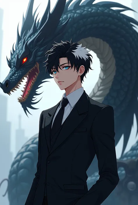 Lucky the most good The heir apparent of king dragon blue eye white great the most young human age s  japan anime version wear mafia suite colour black two block hair colour black behind have smart white giant elegant king of dragon animal version stand do...