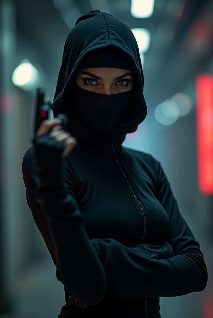 Woman as a thief in black clothes and black balaclava with a gun 