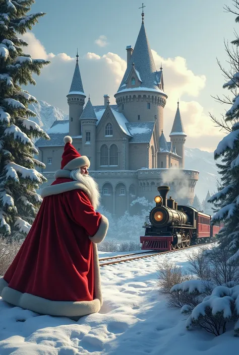 un décor de chateau, un saint-nicolas, un train