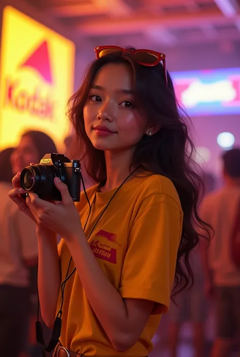 a light brown girl with loose hair and short, Spanish hair disguised as a photographer representing the Kodak brand for an advertising race party where the theme is retro brands, her casual clothes have to reflect Kodaks corporate image, that you see the c...