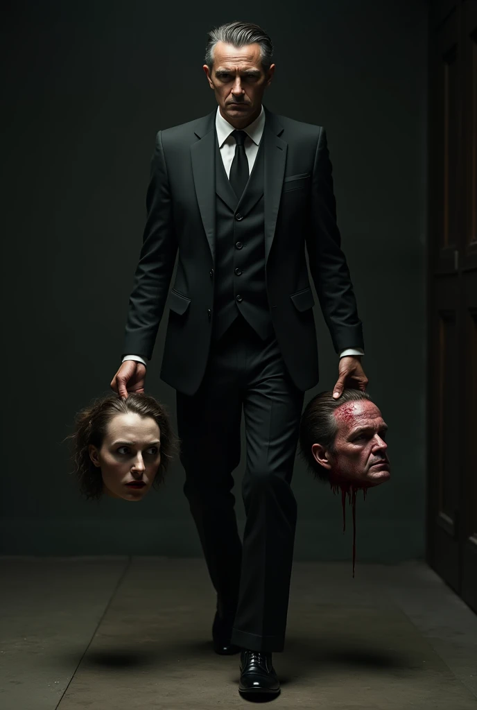 Create image of Man with hair in a back suit, walking forward with a mans head in one hand and a womans head in the other hand