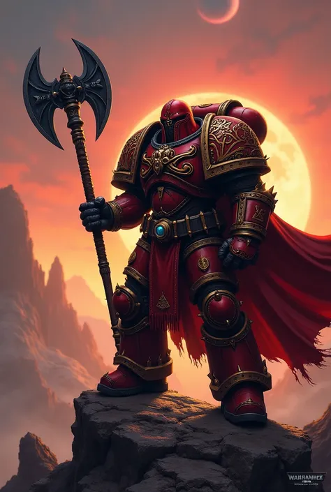 a space marine from Khorne ,  standing in front of the horizon,  with your back to the camera , with one of his feet stepping on a rock ,  while in his hand he holds a battle axe