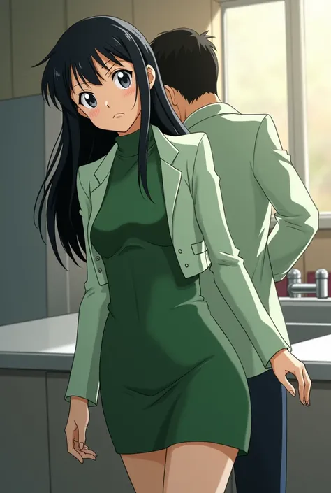 {{{mouri ran}}},{{{Detective Conan}}},{{{long hair}}},{{{official style}}},{{{adult}}},green dress,one-piece dress,turtleneck,green miniskirt, {light green cropped jacket},{light green cropped jacket},green socks,sink,laundry,kitchen,open,back view of lean...