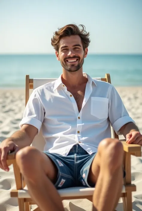 Full cup photo of the feet and head of a handsome young man sitting and resting on a beach chair on the beach sand profile image wearing white shirt with DSLR shorts with 2 lenses.8 all looking at the camera and smiling ( Transmit an image of tranquility a...