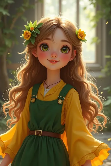 A girl with long hair,almond eyes,round face,pointed nose and heart shape lips,and chubby hour glass body shape and belongs to hufflepuff