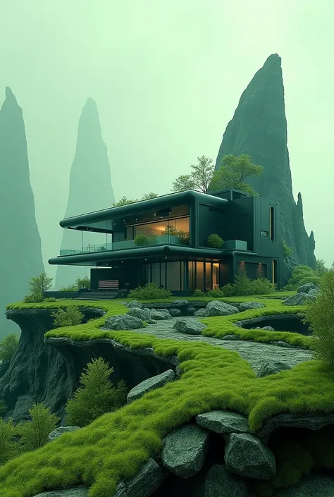 Dream sifi house.  Green black colour   .4k ultra high resolution 