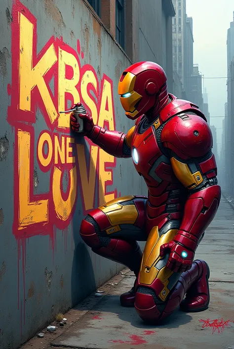 Create an image of Iron Man doing a graffiti that says KBSA One Love 