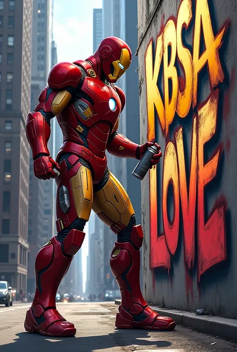 Create an image of Iron Man doing a graffiti that says KBSA One Love 