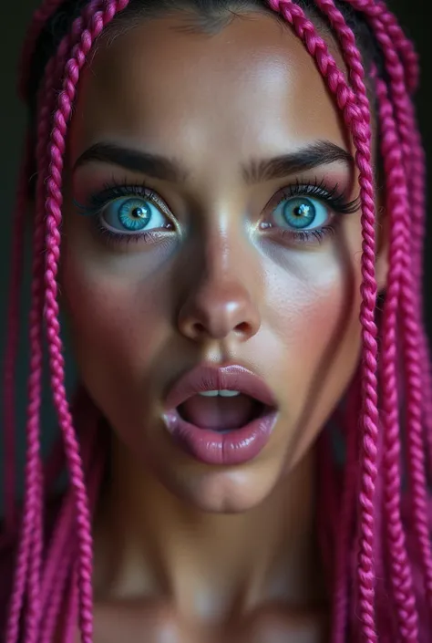 photo of a womans face, she is in shock, pink and braids, blue eyes 