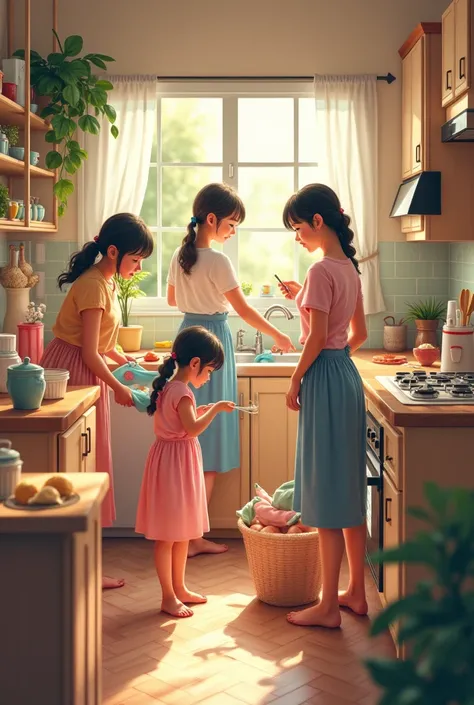 Female girls of different ages are cleaning, cooking, etc.