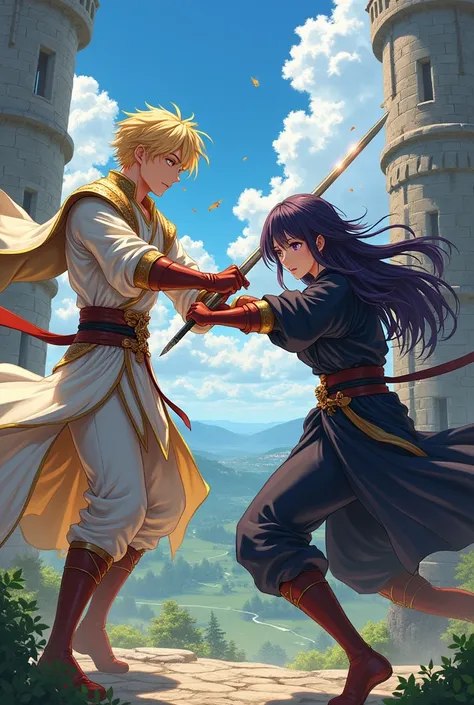  30-year-old man with short blond hair and white and gold robes,  golden eyes, 25-year-old woman with long black hair and dark robes , purple eyes, Fighting with swords , Anime medieval