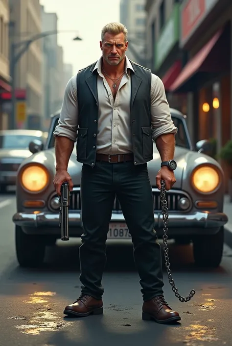 man, One, middle aged,  strong build, High,  Short hair,  blond hair,  blue eyes ,  art, stands near the car, street, SHOP, in a white shirt ,rolled up sleeves , black vest,  black pants ,  black high boots ,  in the right hand, the revolver, in the left h...