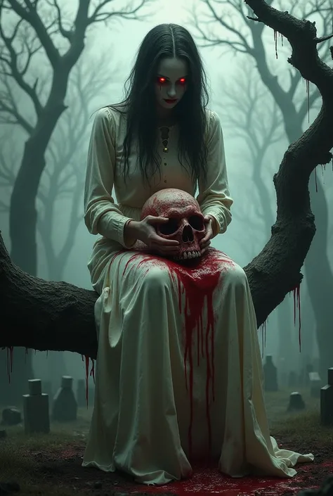 a pale face demon woman , eyes lit red wearing a shabby white dress and Kumal splash of red oil is sitting on a tree branch holding a doll human head graveyard acreage background 