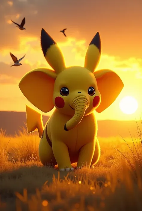 Create a photorealistic composite of a majestic hybrid animal, blending the features of an elephant and Pikachu, standing in the African savanna during golden hour. This unique creature should have the large, expressive ears and trunk of an elephant, with ...