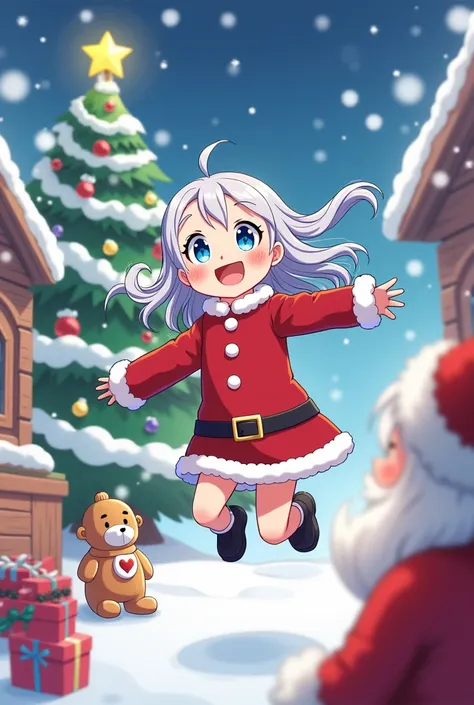 Poster making,rens Day,Christmas,1 ***********,a smile,Silvery hair,Hexenhaus,Santa Claus red clothes,Santa Clauss red hat,present,Christmas tree,teddy bears,gingerbread man,yuki,Happy,happy,Jumping, Happy --v 6