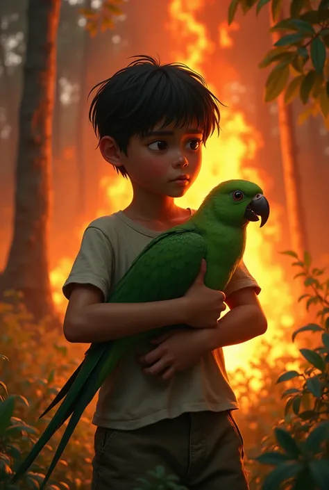  A white boy with black hair who is saving a green parrot injured by the fires and that behind it is a burning forest (realistic) Let the boy come out with his face down and the parrot in his arms 